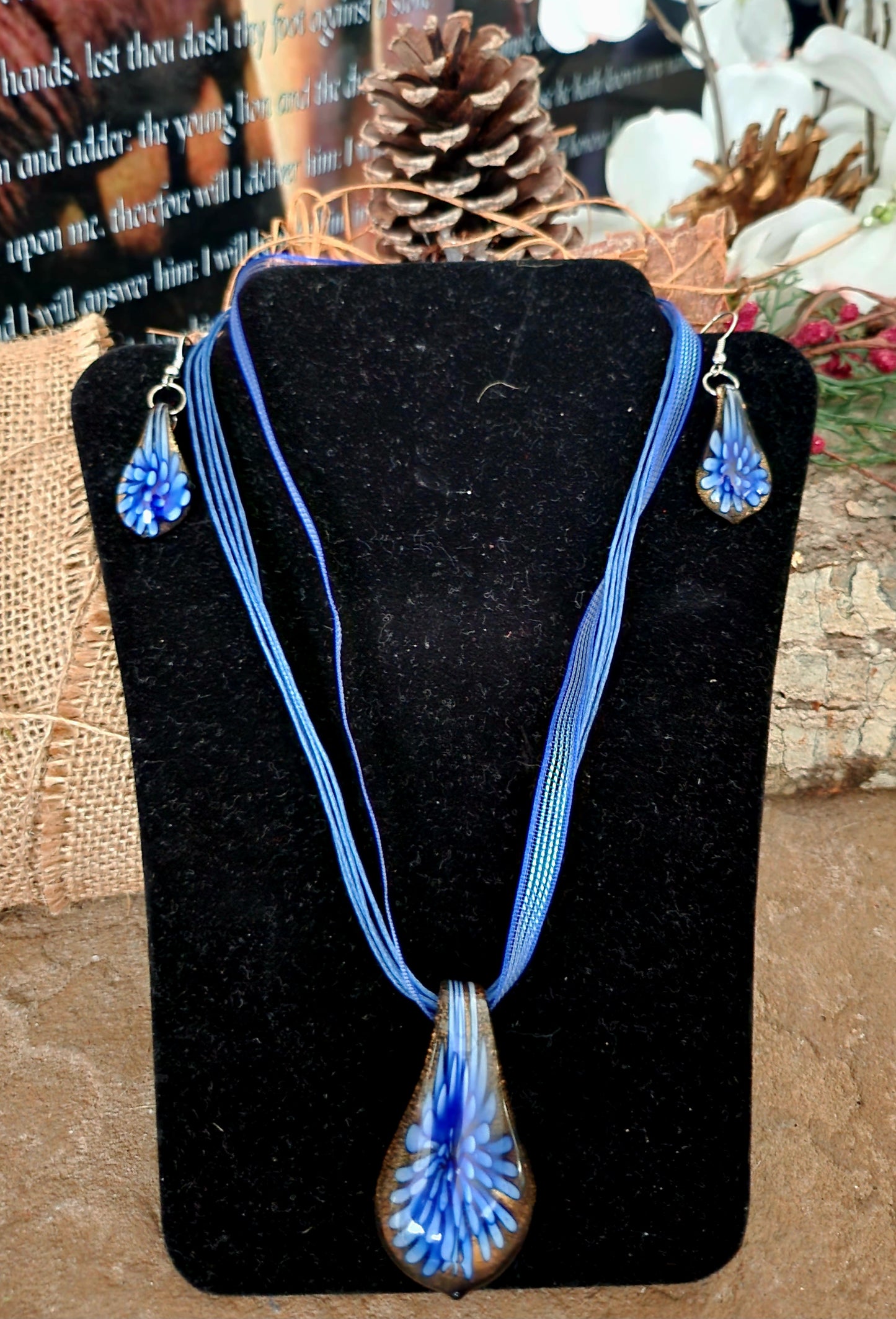 Murano Blue Glass Teardrop Pendant Necklace & Earrings Set