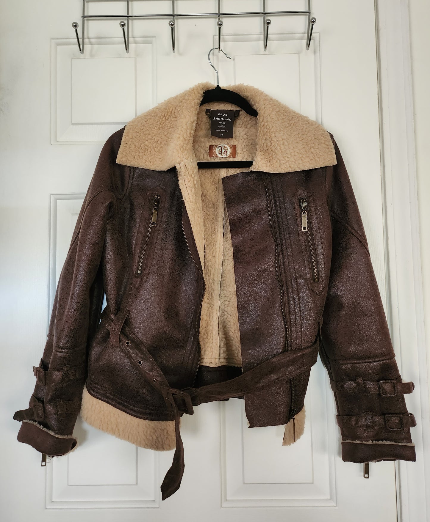Faux Shearling-Trim Moto Bomber Jacket