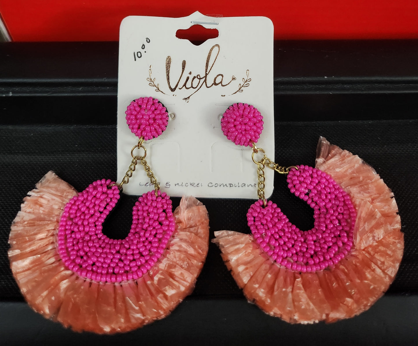 Pink Beaded Viola Paper Fan Fringe Earrings