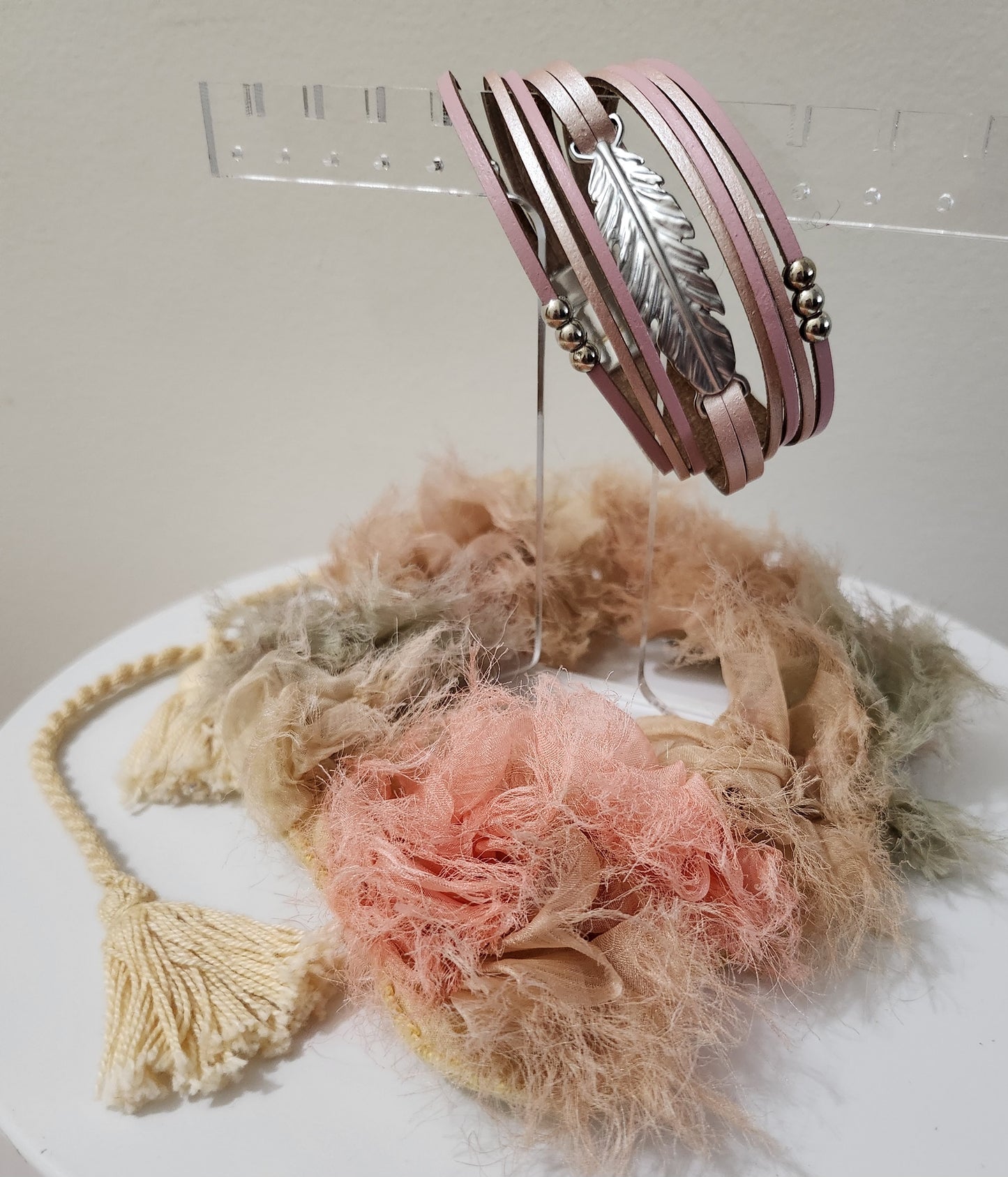 Pink Multi Row Feather Magnetic Bracelet