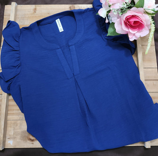 Blue Ruffled Sleeve High-Low Top