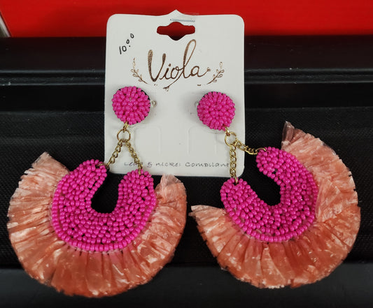 Pink Beaded Viola Paper Fan Fringe Earrings