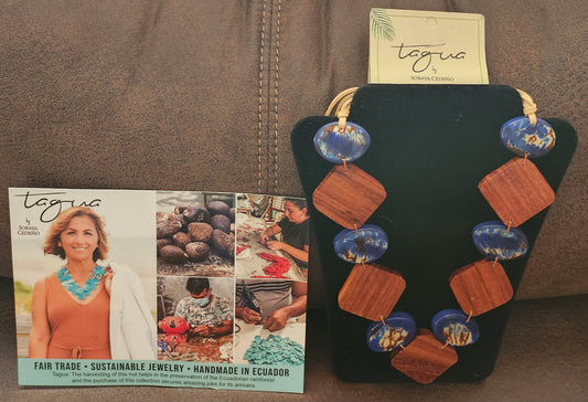 Blue Stone Wood Tagua Necklace